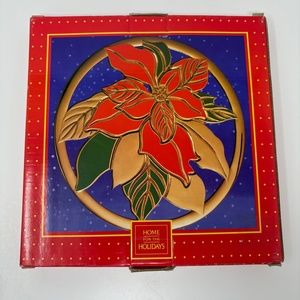 Home for the Holidays 8" Trivet Poinsettia Gold Tone Red Green Enamel VTG Japan